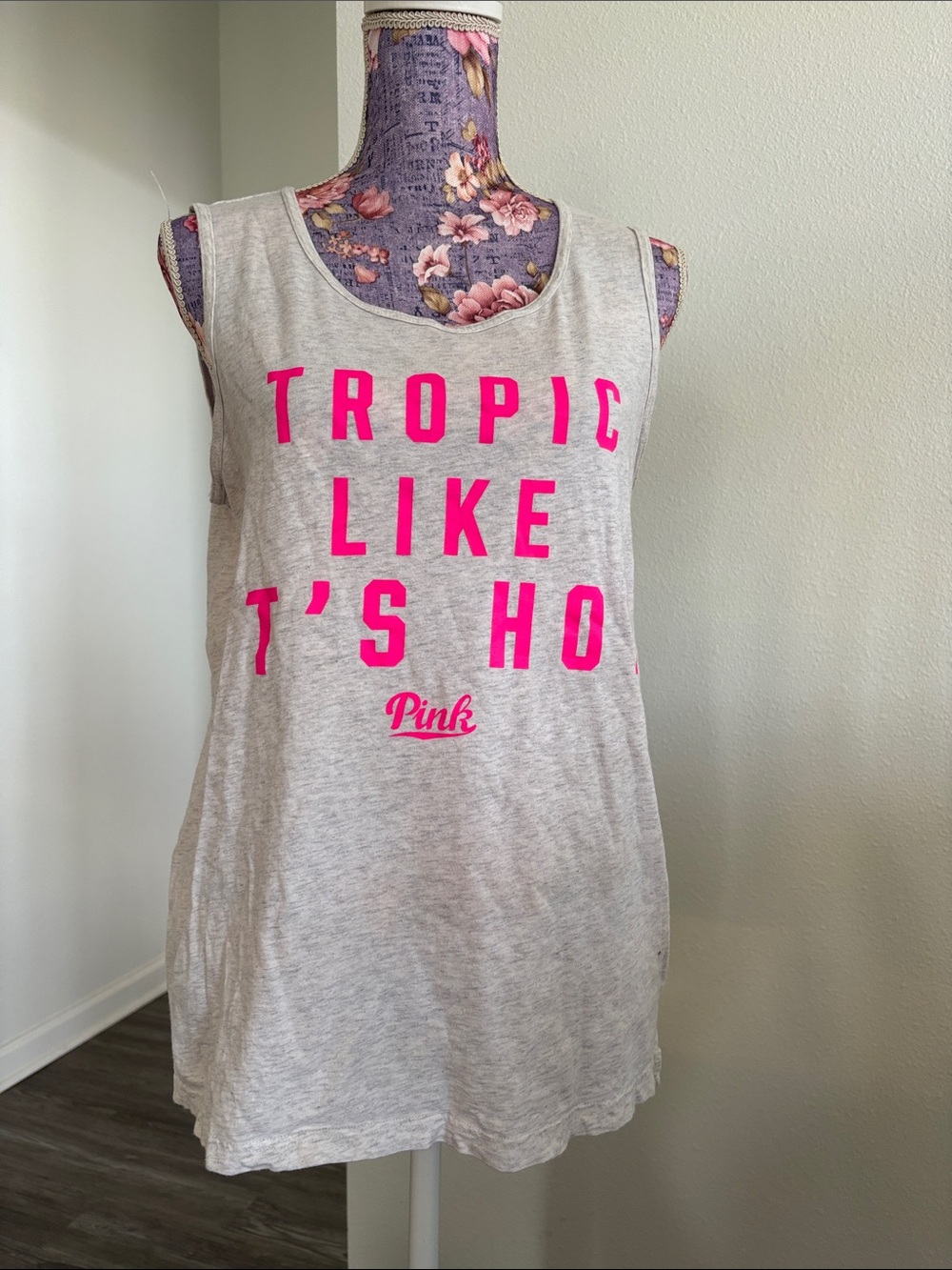 PINK Victoria's Secret Gray Tank with Hot Pink Graphic